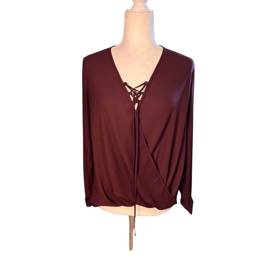 krisa long sleeve maroon draping blouse with lace up front - S